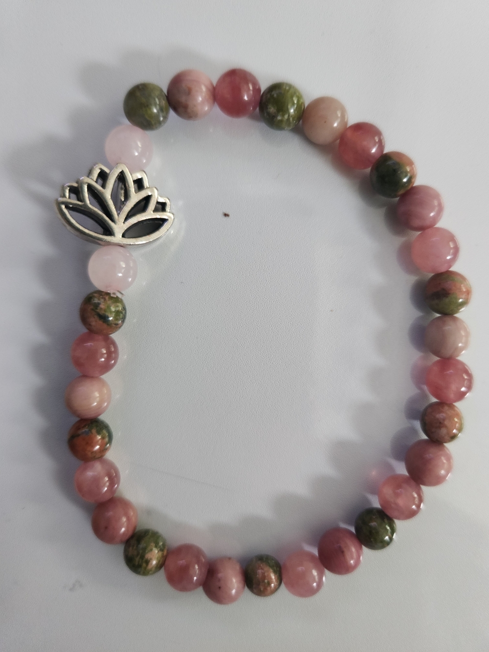 Lotus Charm Pink and Green Gemstone Bead Bracelet